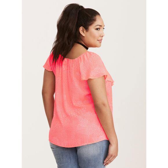 Torrid Neon Coral & White Doodle Print Georgette Ruffle Blouse Women's 2X - Picture 2 of 8